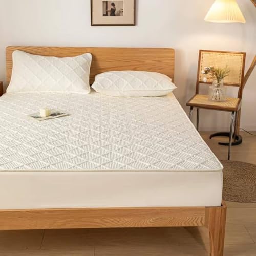 Lirzxin Bettlaken 100x200 cm, Spannbetttücher Polyester Baumwolle Einfarbig mit Rauten Gitter Streifen Struktur Boxspringbett Spannbettlaken Einzelbett, Beige Weiß von Lirzxin