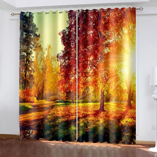 Lirzxin Blickdichte Vorhänge 229 cm Lang, Gardinen Verdunkelung mit Ösen 2er Set Orange Gelb Grün Sonnenschein Herbst Bäume Landschaft Vorhang für Schlafzimmer Wohnzimmer, 102x229 cm(BxH) von Lirzxin