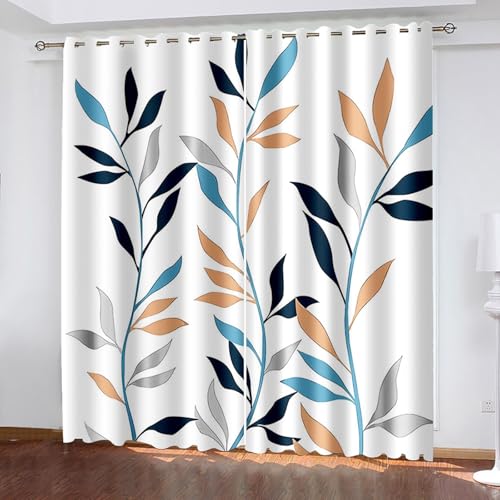 Lirzxin Gardinen Lichtundurchlässig 214 cm Lang, Verdunkelungsvorhang mit Ösen 2er Set Grau Blau Orange Wasser, Gras und Blätter Muster Vorhang für Wohnzimmer Schlafzimmer, 86x214 cm(BxH) von Lirzxin