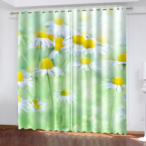 Lirzxin Gardinen Verdunkelung 115 cm Lang, Verdunkelte Vorhänge mit Ösen 2er Set Hellgrün Gelb Gänseblümchen Landschaft Vorhang für Wohnzimmer Schlafzimmer Kinderzimmer, 86x115 cm(BxH) von Lirzxin