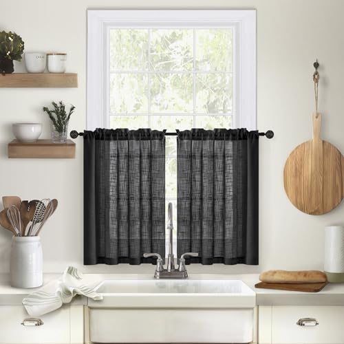 Lirzxin Küchengardinen, Moderne Scheibengardinen Transparent Küchengardine Einfarbige Leinenstruktur Polyester Fensterschal für Küche Wohnzimmer Landhaus, 63.5x93.5CM, Schwarz, 2er Set Lirzxin Küchengardinen, Moderne Scheibengardinen Transparent Küchengardine Einfarbige Leinenstruktur Polyester Fensterschal für Küche Wohnzimmer Landhaus, 63.5x93.5CM, Schwarz, 2er Set von Lirzxin
