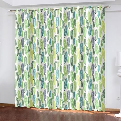 Lirzxin Lichtdichte Vorhänge 214 cm Lang, Gardinen Blickdicht mit Ösen 2er Set Blau Grün Blätter Muster Vorhang für Schlafzimmer Kinderzimmer Jugendzimmer Wohnzimmer, 96x214 cm(BxH) von Lirzxin