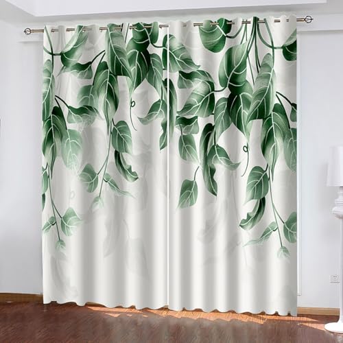 Lirzxin Lichtdichte Vorhänge 244 cm Lang, Gardinen Lichtundurchlässig mit Ösen 2er Set Grau Grün Blätter Muster Vorhang für Wohnzimmer Schlafzimmer Kinderzimmer Jugendzimmer, 152x244 cm(BxH) von Lirzxin