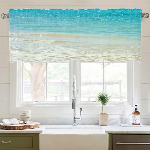 Lirzxin Scheibengardinen, Bistrogardine Blickdicht Küchenvorhänge Strand und Meer Muster Polyester Küchengardinen für Esszimmer Badezimmer Klein Fenster, 137x45CM, Blau Grün, 1 Stück von Lirzxin