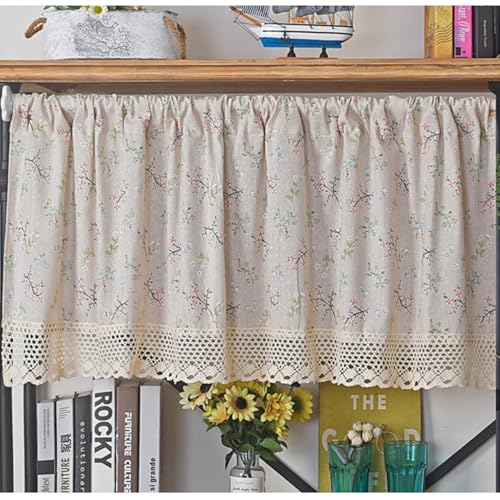Lirzxin Scheibengardinen, Bistrogardine Halbtransparente Fenster Gardinen mit Haken Blumen Zweige mit Spitzerand Polyester Baumwolle Vorhänge für Wohnzimmer Küchen, 150x60CM, Beige von Lirzxin