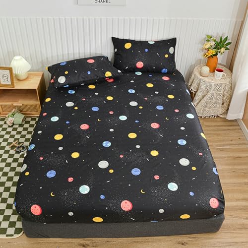 Lirzxin Spannbettlaken 90x200x25 cm, Boxspringbett Gewaschene Baumwolle Kosmisches Planeten Muster Spannbetttücher Einzelbett Weiches und Atmungsaktives, Schwarz Bunt von Lirzxin