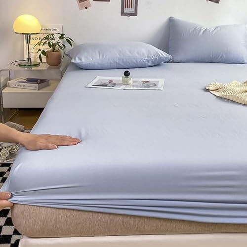 Lirzxin Spannbetttuch 90x200 cm, Spannbettlaken Bambus Faser Einfarbig Bettlaken Einzelbett Atmungsaktives und Weiches, Hellblau von Lirzxin