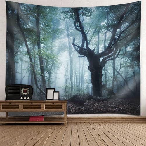 Lirzxin Tapisserie Wandbehang 210x140CM, Wandteppich Nebeliger Wald Landschaft Grau Blau Grün Tapestry Tapisserie Wandtücher Dekotuch Strandtuch von Lirzxin