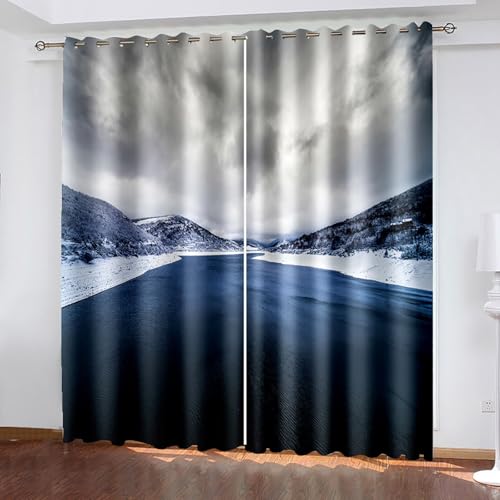 Lirzxin Verdunkelte Vorhänge 115 cm Lang, Gardinen Abdunkelnd mit Ösen 2er Set Grau See Schnee Berg Landschaft Vorhang für Jugendzimmer Wohnzimmer Schlafzimmer Kinderzimmer, 86x115 cm(BxH) von Lirzxin