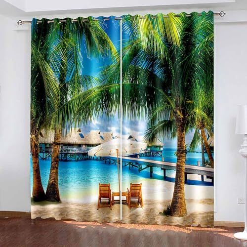 Lirzxin Verdunkelungsvorhang 138 cm Lang, Blickdichter Vorhang mit Ösen 2er Set Blau Grün Kokosnussbäume Meer Strand Landschaft Gardinen für Wohnzimmer Schlafzimmer, 107x138 cm(BxH) von Lirzxin