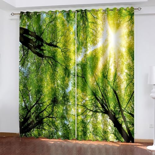 Lirzxin Vorhänge Verdunkelnd 214 cm Lang, Verdunkelung Gardinen mit Ösen 2er Set Gelb Grün Bäume Sonnenschein Landschaft Vorhang für Wohnzimmer Schlafzimmer Kinderzimmer, 86x214 cm(BxH) von Lirzxin