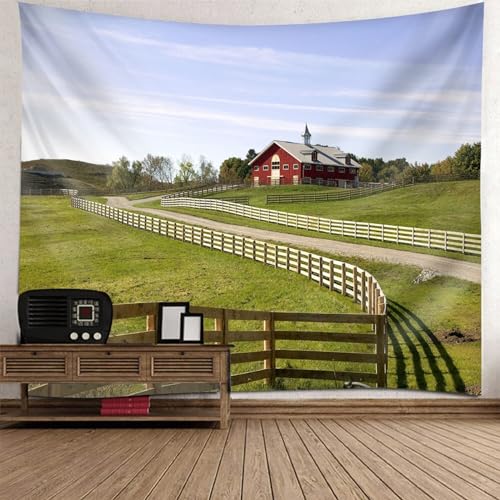 Lirzxin Wandbehang 260x240CM, Wandteppiche Bauernhof Landschaft Grün Rot Tapisserie Wandtuch für Wohnzimmer Schlafzimmer Picknickdecke Teppich Yogamatte Wanddeko von Lirzxin