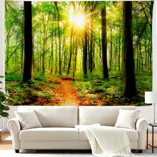 Lirzxin Wandteppich Natur Wald, Wandbehang Grün Braun Sonnenschein Wald Landschaft Tapestry Wandteppiche für Wohnzimmer Schlafzimmer Picknickdecke Teppich Yogamatte Wanddeko, 200x200CM von Lirzxin