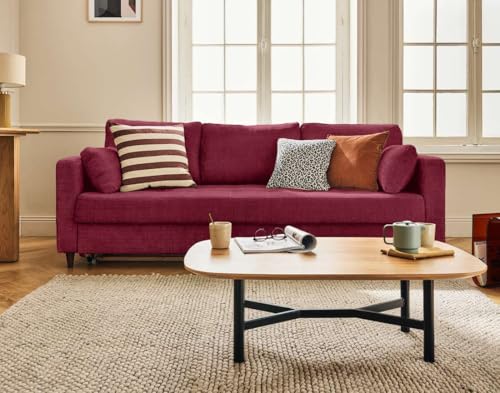 Lisa Design Anna - 3-sitzer Einzelsofa Schlaffunktion mit Tasche aus Strukturiertem Samt Pflaume von Lisa Design