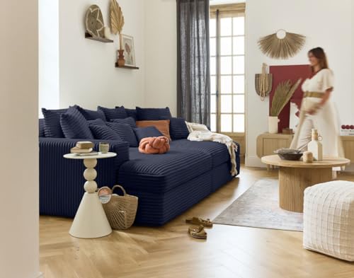 Lisa Design Collins - einzelsofa 4-Sitzer mit Doppelbett récamiere - Tiefe Sitzfläche - grob Gerippter Velours Blau von Lisa Design