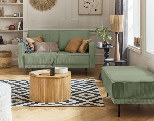 Lisa Design Copy of Charlie – Wohnlandschaft U-Form – 7-Sitzer – mit Schlaffunktion und Bettkasten – aus Cord Salbeigrün von Lisa Design