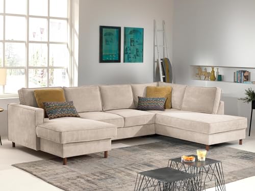 Lisa Design Jake - Wohnlandschaft - mit Schlaffunktion und Bettkasten - 7-Sitzer - aus Cord - rechts Beige von Lisa Design