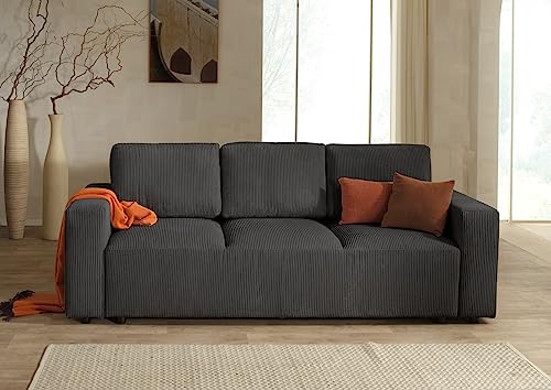 Lisa Design Livy - 3-Sitzer Schlafsofa - mit Bettkasten - aus Cord Dunkelgrau von Lisa Design