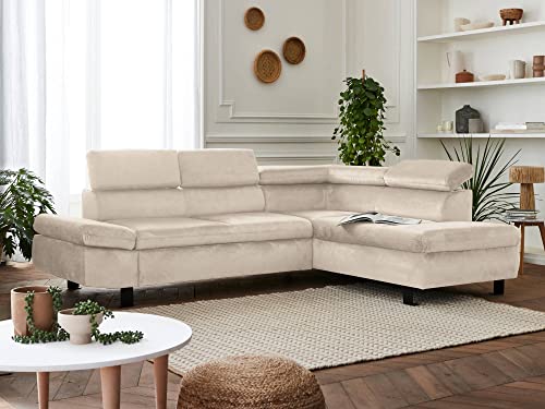 Lisa Design Nairobi – Ecksofa mit Schlaffunktion – aus Samt – 5-Sitzer – mit Kopfstützen – Rechts Beige von Lisa Design