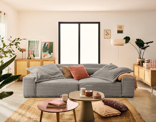 Lisa Design Richie - 3-sitzer einzelsofa mit doppelter Récamiere - Tiefe Sitzfläche - aus geripptem Kunstpelz Hellgrau von Lisa Design