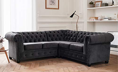 Lisa Design William - Chesterfield Ecksofa beidseitig montierbar - 5 Sitzplätze - aus Samt Dunkelgrau von Lisa Design