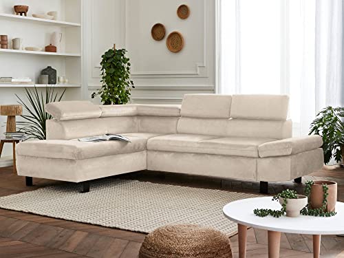 Nairobi – Ecksofa mit Schlaffunktion – aus Samt – 5-Sitzer – mit Kopfstützen – Links Beige von Lisa Design