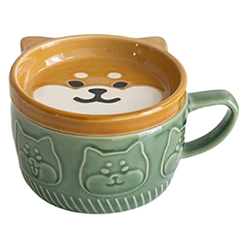 Liseng Japanische Süße Tasse Kreative Keramik Shiba Inu Panda Kaffeetasse mit Deckel Zuhause Paar Milch Frühstückestasse Wassertasse (Grün) von Liseng