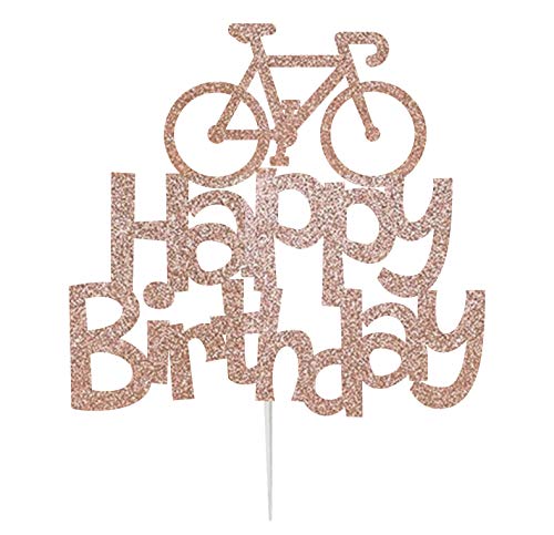 LissieLou – Kuchentopper, Tortendekor, „Happy Birthday“ mit Fahrrad, glitzernde Kuchen-Dekoration rose gold von LissieLou