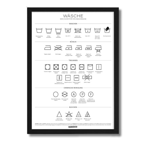 Listenwissen Kunstdruck Waschguide I DIN A4 I Waschküche I Waschsymbole I deutsch I Laundry Schild I Deko I Dekoration I Wäschepflege I Waschmaschine I Waschzeichen (Poster inkl. Rahmen schwarz) von Listenwissen