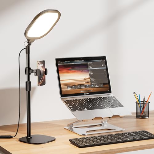 Schreibtischlampe LED Dimmbar, Augenschutz tischlampe mit handy stativ, 30 Lichtmodi schreibtischlampen mit Metallbasis - streaming Licht für Videokonferenz, büro, webcam, laptop. CRI 97.8 von LitONES