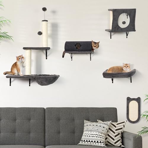 Kletterwand Katzen, LitaiL 5-teilig Katzen Kletterwand Set mit Kratzbaum, Kratzbrett Sisal für Wandmontage, mit Katzentunnel, Katzenliege, bis 10KG, (Grau) von LitaiL