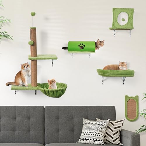 Kletterwand Katzen, LitaiL 5-teilig Katzen Kletterwand Set mit Kratzbaum, Kratzbrett Sisal für Wandmontage, mit Katzentunnel, Katzenliege, bis 10KG, (Grün) von LitaiL