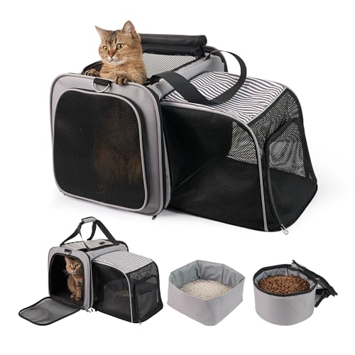 LitaiL Katzentrage mit Katzentoilette, weiche Katzentragetasche mit Futterträger, erweiterbare tragbare Katzentrage für Autoreisen, bis zu 9 kg für Roadtrip, Camping, Wandern, Grau von LitaiL