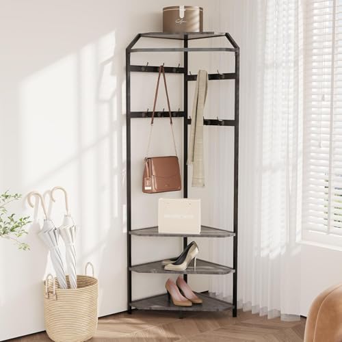 Garderobenständer Eck, Kleiderständer Metall Offene Eckgarderobe Flurregal mit 6 Doppelhaken/Aufbewahrungsregal/Schuhregal, Platzsparend Industrial Design für Flur Wohnzimmer Schlafzimmer Büro Grau von Litake