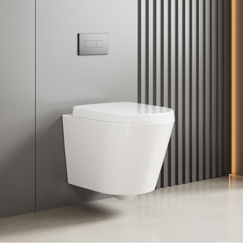 Hängend WC Spülrandlos Toilette, Wand-WC Set aus Keramik mit Toilettendeckel Abnehmbaren Absenkautomatik Effizienter Spültechnik Hängetoilette, D-Form,Lang 51cm, Weiß von Litake