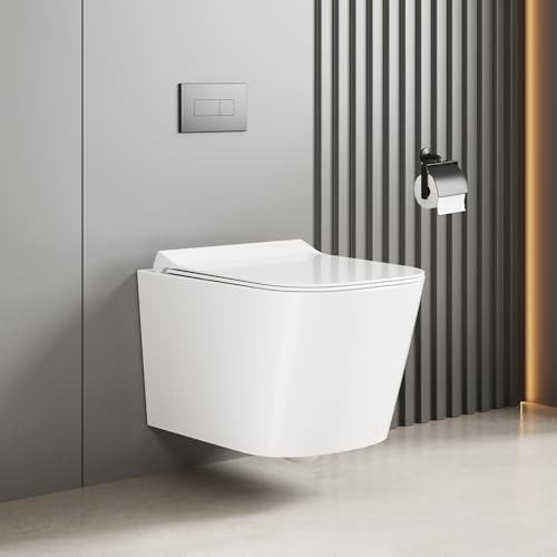 Hängend WC Toilette, Spülrandlos Wand-WC Set aus Keramik mit Toilettendeckel Abnehmbaren Absenkautomatik Effizienter Spültechnik Hängetoilette, U-Form,Lang 51cm, Weiß von Litake