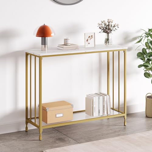 Konsolentisch Schmal Mit Ablage, 85 x 30 x 81 cm Beistelltisch Flurtisch Kleiner Ausstellungstisch Metall Sofatisch Industrieller Langer Eingangstisch Für Eingang, Flur, Weiß-Gold von Litake