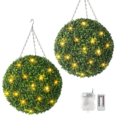Litake 2X 40CM Kunstpflanze Buchsbaumkugel, künstliche Pflanze Buchsbaum Kugel mit 30 LED-Leuchten mit 8-Modus batteriebetrieben und Fernbedienung dekorative für Hinterhof, Balkon(40cm) von Litake