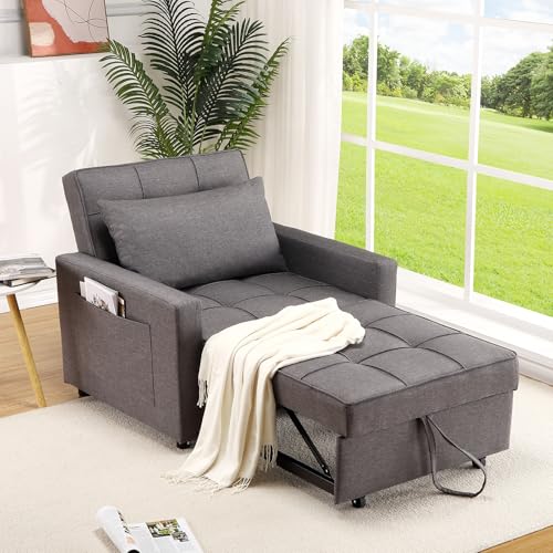 Litake 3-In-1 Klappsofa Schlafsessel mit Bettfunktion,Leinenstoff Schlafsofa Klein Schlafsessel mit Seitentasche und Regulierbarer Rückenlehne für Gästebett Platzsparend Schlafcouch von Litake