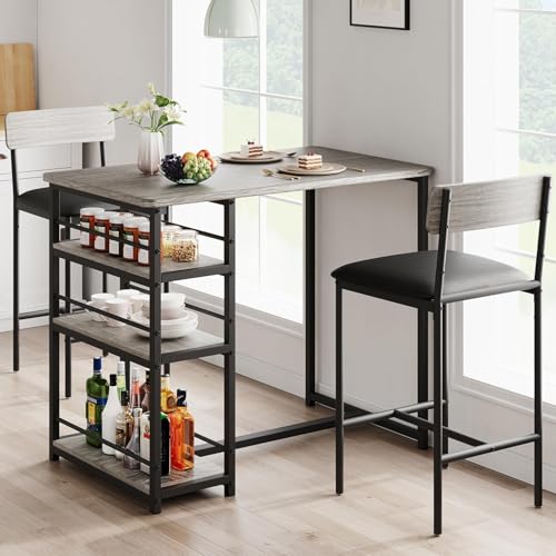 Litake Bartisch mit Barhocker Set, Stehtisch mit 2 Barhockern und 3 Seitenregalen 3 TLG. Esstisch Set Küchentisch Sitzgruppe Industriell für Esszimmer, Küche, Wohnzimmer, Grau von Litake