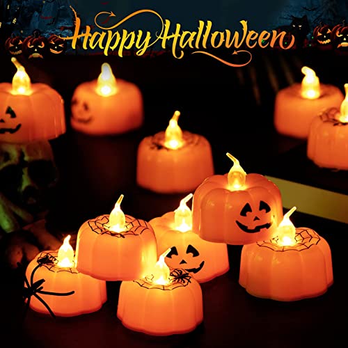 Litake Kerzen Kürbis, 12 Pcs LED Teelichter Kürbis, 3D Flammenlose Flackern Halloween Deko LED Kerze, Kerze Pumpkin Licht, Batteriebetriebene Kürbiskerzen Deko für Ostern Halloween Party von Litake