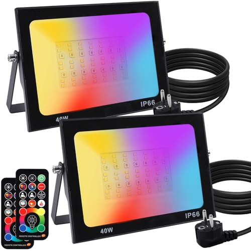Litake RGB LED Strahler 40W, 2 Stück LED Fluter Außen 10 Modi Beleuchtung mit 2 Fernbedienung IP66 Wasserdicht 256 Farben 3000K Warmweißes RGB Strahler für Garten von Litake