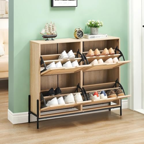 Litake Schuhschrank Schuhkommode mit 4 Rattan Klappen, Schuhkipper Schuhschrank Schuhregal Schmal mit 8 Ablageflächen Metallbeine 100 x 24 x 88 cm Eiche von Litake