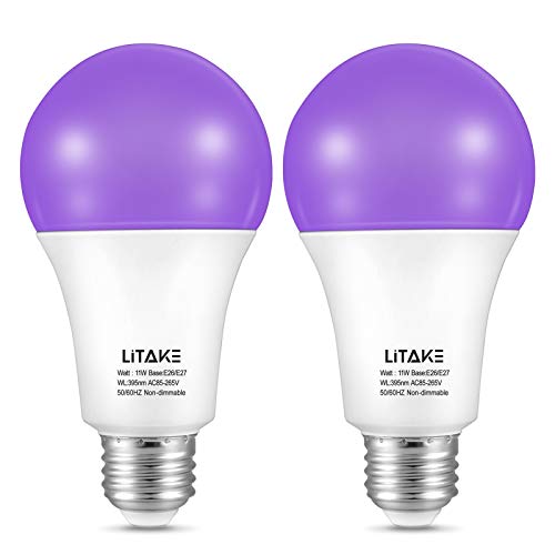 Litake UV Schwarzlicht Glühbirne, 11W LED UV E27 Glühlampe Black Light Bulb 385-400nm UVA Schwarzlicht UV Beleuchtung Partylicht Neonfarben für Halloween Party Disco Club Bar Körperkunst-2 Stk von Litake