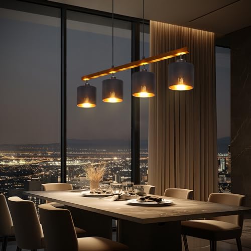 Pendelleuchte Schwarz 4-Flammig Hängelampe Esstisch, Hängeleuchte Pendellampe Esstischlampe Modern m. Holzoptik Balken& Stoffschirm, Metall Schwarz Matt,Max.60W 4 x E27(ohne Leuchtmittel) von Litake