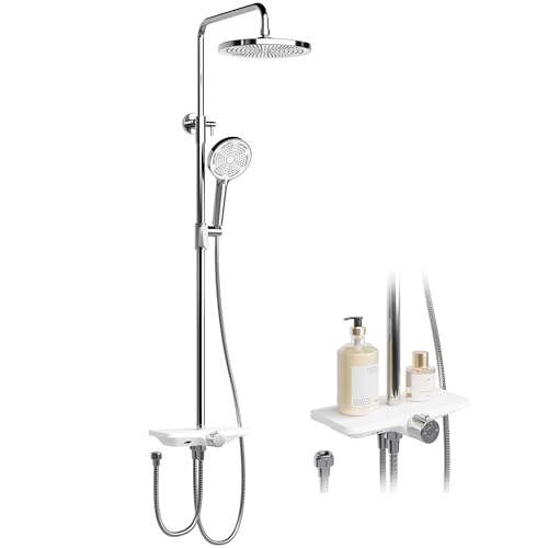 Regendusche Ohne Armatur Mit Ablage, Duschsystem Mit Duschkopf Edelstahl Verstellbare DuschsäUle Duschstange ÜBerkopfbrause Set Kopfbrause Rund 25cm Chrom von Litake