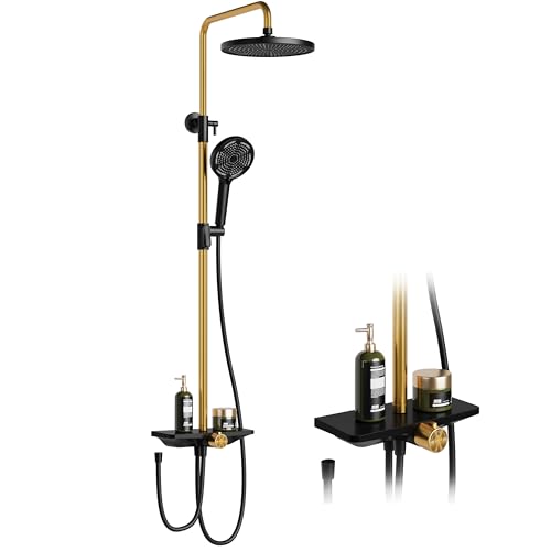 Regendusche Ohne Armatur Mit Ablage, Duschsystem Mit Duschkopf Edelstahl Verstellbare DuschsäUle Duschstange ÜBerkopfbrause Set Kopfbrause Rund 25cm Schwarz+Gold von Litake