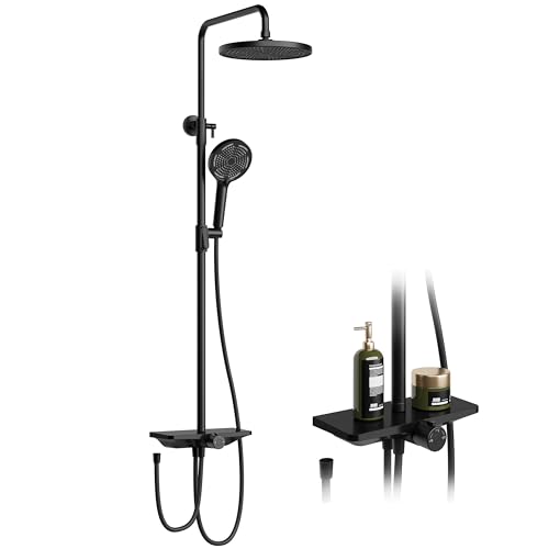 Regendusche Ohne Armatur Mit Ablage, Duschsystem Mit Duschkopf Edelstahl Verstellbare DuschsäUle Duschstange ÜBerkopfbrause Set Kopfbrause Rund 25cm Schwarz von Litake
