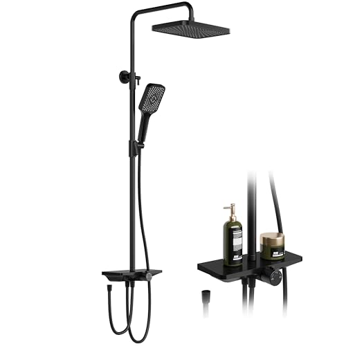 Regendusche ohne Armatur mit Ablage, Duschsystem mit Duschkopf Edelstahl Verstellbare Duschsäule Duschstange Überkopfbrause set Kopfbrause Eckig 30x 20.5cm Schwarz von Litake