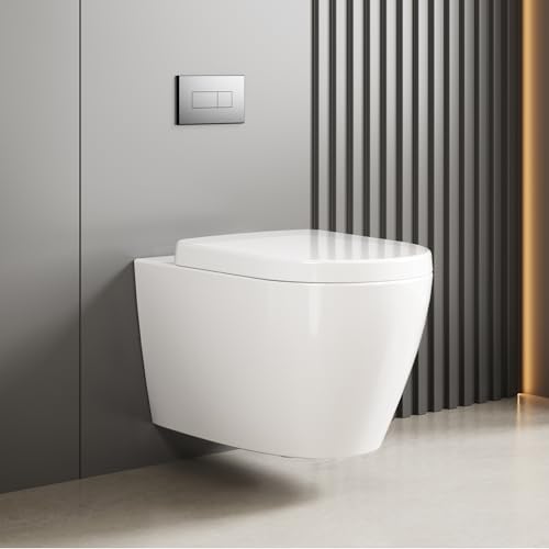 WC Hängend Spülrandlos Toilette, Wand-WC Set aus Keramik mit Toilettendeckel Abnehmbaren Absenkautomatik Effizienter Spültechnik Hängetoilette, D-Form,Lang 55.5cm, Weiß von Litake